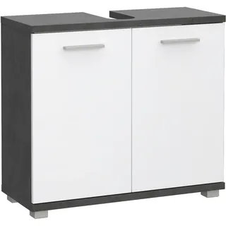 Forte Champ Waschbeckenunterschrank 70, moderner Badschrank mit 2 Türen, Aussparung für Siphon, Badezimmer, Weiß Glanz mit Betonoptik Dunkelgrau, 69,9 cm breit x 62 cm hoch x 28,9 cm tief