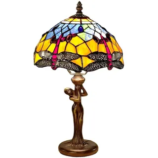 goldentiffany Tiffany Lampe Libelle Design – Tiffany Tischlampe aus echtem Buntglas – ca. 38 cm hoch – Buntglaslampe mit Dragonfly Motiv – Retro Nachttischlampe E14 – Tiffany Leuchte mit Figurenfuß