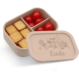 LINMQIU Personalisierte Silikon-Bento-Box,Lunchbox mit eingraviertem Namen,Individuelle Silikon-Snackbox mit 3 Fächern,Geeignet für Picknicks, Arbeit und Reisen, Khaki