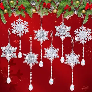 8 Stück Diamond Painting Weihnachten Anhänger Schneeflocken, Diamond Painting Schlüsselanhänger Beidseitig, DIY 5D Diamantpainting Geschenkanhänger Weihnachtsbaumanhänger für Erwachsene Unisex (8)