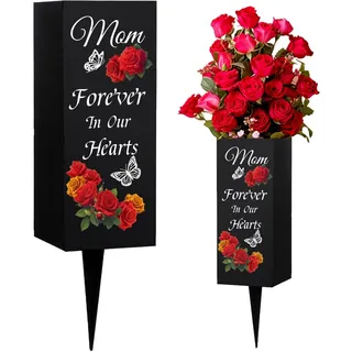 WEBEEDY Mutter Friedhofsvasen Mutter Friedhofdekorationen Für Grab Metall Friedhofsvasen Mit Stacheln Rosen Und Schmetterlingsmuster Schwarzes Wetterfeste Friedhofsblumen 8x20cm