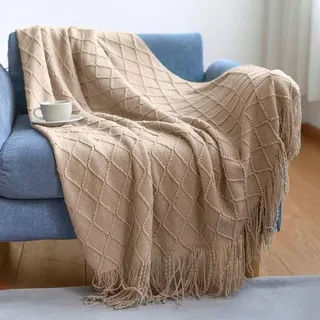 Gewebte Plaid Strickdecke mit Fransen Skandinavisches Design 130 x 170 cm - Hellbraun