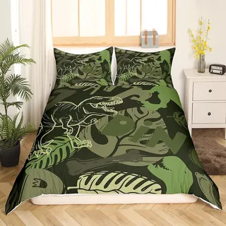 Homewish Dinosaurier Bettwäsche Set 135x200 Retro Armee Grün Dinosaurier Bettbezug Camouflage Dino Trösterbezug Für Kinder Jungen Teens Militärfarben Bettset,Tierpalme Blätter Bettbezug 2 Stücke