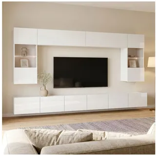 Lomadox Wohnwand Anbauwand weiß Hochglanz 6-teilig Modern, mit 2 TV-Lowboards, 2 Hängevitrinen mit Beleuchtung, 2 Hängeschränke