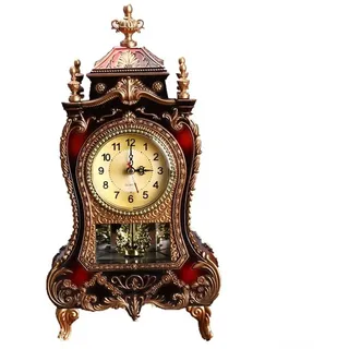 Kaminuhr aus Holz, Vintage-Stil, römische Zifferblätter, Wohnzimmer, dekorative Uhr, geräuschloser Sweep-Sekunden-Quarz-Tischregal, Uhren für Wohnzimmer, Kamin (braun und rot)