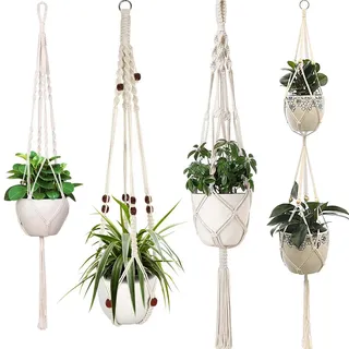 Sixyotie Makramee Blumenampel Baumwollseil Hängeampel Blumentopf Robust Makramee Pflanzenhalter Blumenampel Handgewebt Pflanzenhänger für Balkon Gartendekor Wanddekoration-4 Beine (4)