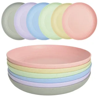 JSYMJSY Tiefe Teller Set, 6Teilig 25cm Groß Speiseteller Bruchfest, Essteller Plastik Mehrweg, Camping Teller, Leicht, Kunststoff, Hoher Rand, Spülmaschinenfest, Bunt