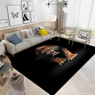 3D Tiger Animal Teppich Kurzflor Schwarz Weiß Bereichsteppich Moderner Schlafzimmer Wohnzimmer Teppich Herren Tiger Leopard Fantasy Print Muster Bereich Dekoration Waschbare Rug (Farbe 3,80x160cm)