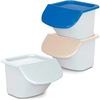 3x 15 Liter Zutatenbehälter mit Entnahmeklappe, stapelbar, Korpus weiß, Deckel beige/blau/weiß