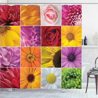 ABAKUHAUS Blumen Duschvorhang, Bunte Blumen Rose, Stoffliches Gewebe Badezimmerdekorationsset mit Haken, 175 x 200 cm, Orange Gelb Rosa