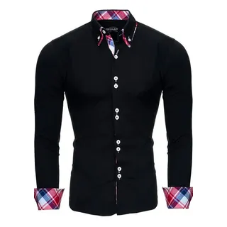 Reslad Langarmhemd Reslad Herren Hemd Button-Down Slim Fit Kontrast Langarmhemd RS-7015 (3-tlg., Hemd) Doppelkragen Kontrast Karo Muster Hemden schwarz M