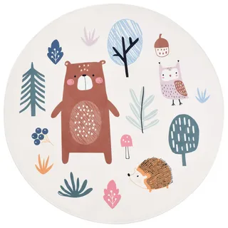 Primaflor - Ideen in Textil Moderner Kinderteppich ZAUBERWALD - Bär, Rund 100 cm Durchmesser, Weicher Spielteppich, Rutschhemmende Ultra Softe Spiel- und Krabbelmatte für Baby- und Kinderzimmer