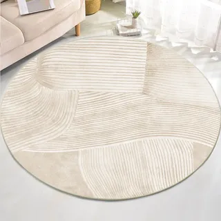 ARUGYTEI Teppich Rund, ø 180 cm, Wohnzimmerteppich Modernes Design Schlafzimmerteppich,Modernes Design Weiß Creme Beige Linie Dekor,Beige,