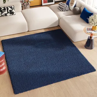 TAPISO Essence Teppich Quadratisch Shaggy Hochflor Langflor Dunkelblau Blau Einfarbig Weich Modern Design Wohnzimmer Schlafzimmer ÖKOTEX 200 x 200 cm