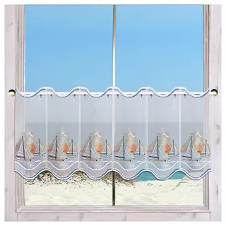 Bestickte Scheibengardine Segeln in den Sonnenuntergang aus Echter Plauener Spitze Maritime Badgardine 35 x 144 cm