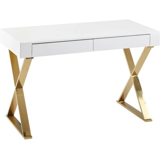 FineBuy Schreibtisch Hochglanz Weiß Gold 118 cm Holz Computertisch Tisch Büro