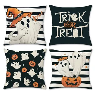 Elzusha – Set aus 4 Halloween-Kissenbezügen, 45x45 cm, Schwarz-Weiß, mit Kürbis- und Geistermotiv