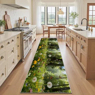 Blumenwiese Küchenteppich 40x120 cm Waschbar, Bunt Wildblumen Schmetterling Läufer Flur Rutschfest, Natur Pflanzen Floral Kurzflor Teppich, Fußmatte Schmal Innen, fur Küche Eingang Haustür Waschküche