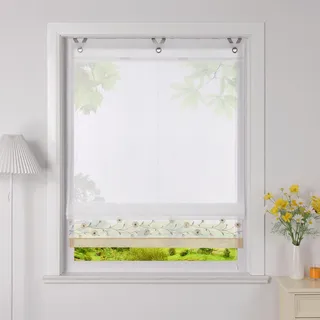 Heichkell Voile Raffrollo mit Ösen Transparent Ösenrollo Bestickte Raffgardine Landhausstil Rollo mit Blumen Sand BreitexHöhe 45x150 cm