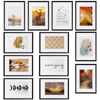 bomoe 12er Bilderrahmen Set Sunlight - Fotorahmen Collage für 13x18 cm Bilder Fotowand Bilderrahmen mit Passepartout & Aufsteller - Bilder Rahmen aus Kunststoff & Kunststoffglas Schwarz