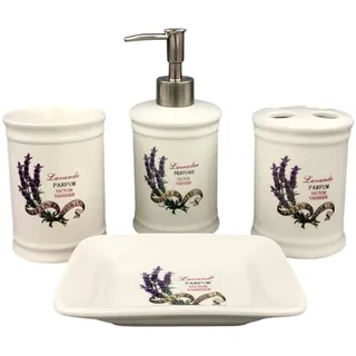 Landhaus Vintage Keramik Badset (Lavendel) Badezimmerset Badezimmer Badeset Set Bad Zubehör, Seifenspender Zahnbürstenhalter Seifenschale Zahnputzbecher Badgarnitur Garnitur (4er Set)