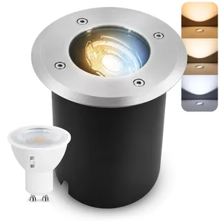 SSC-LUXon Bodeneinbaustrahler Edelstahl, Glas, Kunststoff schwenkbar IP67 mit LED GU10 3W warmweiß Silber