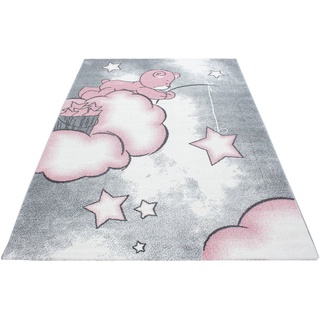 Kinderteppich Kids 580, Ayyildiz Teppiche, rechteckig, Höhe: 12 mm, Teddybär, Sterne Design, Kurzflor grau|rosa 80 cm x 150 cm x 12 mm