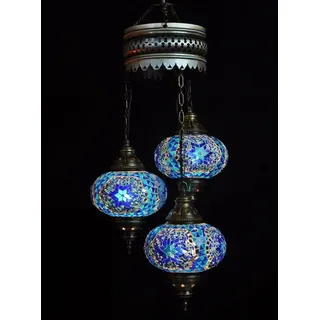 3-globige türkische Mozaik-Hängelampe aus blauem Glas – orientalische Kronleuchter mit 3 Kugeln - Blau