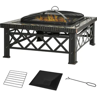 Outsunny 3-in-1 Feuerschale Feuerkorb Feuerstelle mit Funkenschutz, Grillrost & Eiskübel für Garten BBQ Schwarz 76x76x47cm   Aosom.de