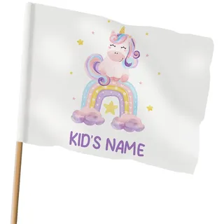 Personalisierte Kinder Flagge mit Namen Einhorn | Niedliche Motive für Mädchen | Größen wählbar klein oder groß | 2 Montageoptionen (Ösen oder Tunnel) | geeignet für Garten, Spielturm [164]
