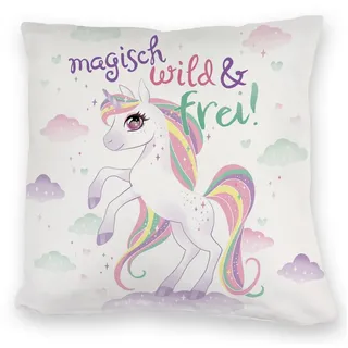 speecheese Dekokissen Einhorn Kuschelkissen mit Spruch Magisch wild und frei