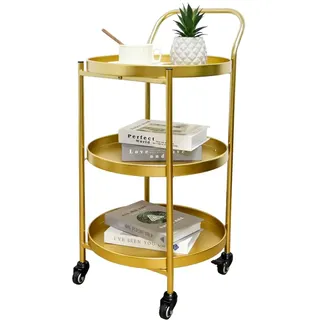 TRIROCKS 78 cm Hoher 3 Ebenen Rollwagen Barwagen Stabile Aufbewahrung Küchenwagen Metall Servierwagen mit Rädern Feststellbaren Rollen für den Einsatz in der Küche zu Hause Unterhaltungszwecke (Gold)