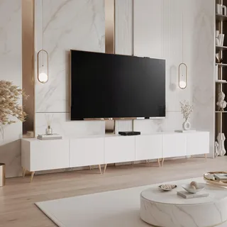 IDOHOME TV Lowboard stehend mit LED und 6 Fächern 300 cm Weiß Matt | 300 x 40 x 36 cm, Laminierte Platte, Mehr Stauraum, Push to Open, TV Zubehör, LED Beleuchtung