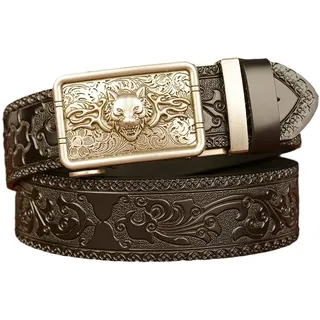 DFGGE Vintage Gürtel Ratsche Automatikschließe Silber Tiger Wolf Schnalle Ledergürtel mit Ornament Prägung,Für Herren Jeans Anzug