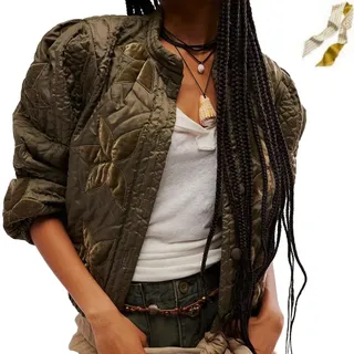 MKFTSM Women's Lightweight Floral Embroidered Cropped Quilted Jacket,Winter Printed Button Down Padded Puffer Coat with Pockets
