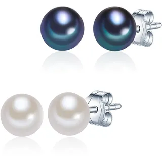 Valero Pearls Damen Perlenohrstecker 2er Set mit Süßwasser Zuchtperlen | Perlengröße 5 - 6 mm,Button-Form,weiß,blau,925/- Sterling Silber,Silberohrstecker,echte Perlen,Ohrstecker,Ohrringe,Zweifarbig