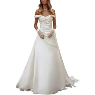 SEVENYXX Hochzeit Satin Lange A-Linie Kleid Brautkleid, Elfenbein, 38 - 38