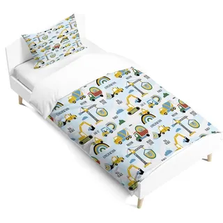 Bettwäsche Set Traktor - Bettbezug 90 x 190 cm - Kissenbezug 40 x 60 cm - Cartoonstil Wolken - Glatte Reißverschluss - Für alle Jahreszeiten - K...