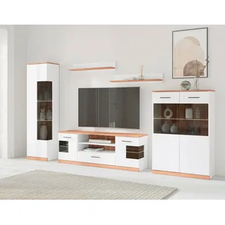 OTTO home Wohnwand Ribe: 5teilig, Breite: 300cm,Fronten aus Massivholz,Korpus aus Melamin, (Set, 5-St), B/T/H:300/35/180cm, Einlegeböden teilweise verstellbar weiß