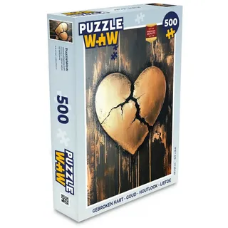 MuchoWow Puzzle Gebrochenes Herz - Gold - Holzoptik - Liebe, 500 Puzzleteile, Foto-Puzzle, Bilderrätsel, Puzzlespiele, Spielzeug 34 cm x 48 cm x 2 cm | Hochformat