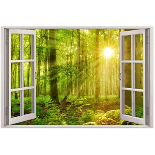 216 Wandtattoo Fenster - grüner Wald 2 Sonnenstrahlen Größe 1250 x 830 mm - in 6 Größen - Kinderzimmer Sticker Wandaufkleber Wanddeko Wandbild