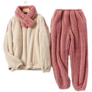 iyoimono Schlafanzug Für Damen 2-Set Pyjama Mit Lange Oberteile Und Hosen Polar Fleece Hausanzug Kuschelige Und Warmes Flanell Nachtwasche PjS Für Frauen für Winter Sleepwear(Weiß Altrosa,L) - L