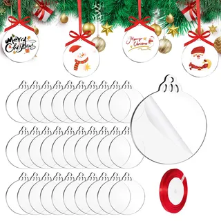 TAIANJI 30 Stück Acrylscheibe Weihnachtskugel Acrylscheibe, Deko Anhänger Christmas, Acryl Weihnachtskugeln mit Rotem Seil, Durchsichtig Runde Anhänger für Ornaments DIY Kit