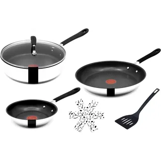 Tefal Pfannen-Set Jamie Oliver E76 Pfannenset 20,28cm + Schmorpfanne mit Deckel 25cm, Edelstahl 18/10 (Pfanne, Bratpfannen Set, Pfannenset, Schmorpfanne, Pfannen + 1 Wender & Schoner Antihaftbeschichtet Pfannenset mit Deckel), Antihaftbeschichtet
