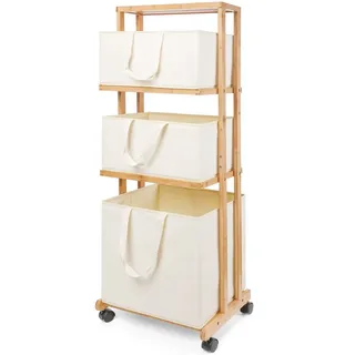 Yorbay Wäschekorb 3 Fächer aus Bambus mit Rollen (Wäschesammler mit 3 abnehmbaren Körben + Ablage), Badregal Wäschewagen für Badezimmer, Waschküche, Schlafzimmer beige