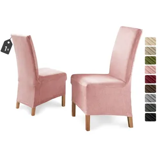 Beautex Stuhlhusse Eva Stuhlhussen Lang, Samt Stuhlbezug, elastische Stretch Husse rosa