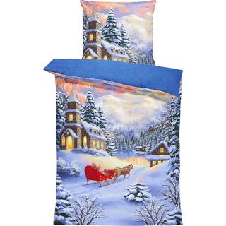 Winter Bettwäsche 135x200 cm Winterlandschaft Weihnachten Flausch Thermofleece - Blau