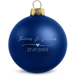 GRAVURZEILE Weihnachtskugel mit Gravur - Wedding Love - Personalisiert mit Namen & Datum - Geschenk für Paare - Festliche Christbaumkugel als Weihnachtsdeko - Farbe: Blau Matt - Größe: 10 cm