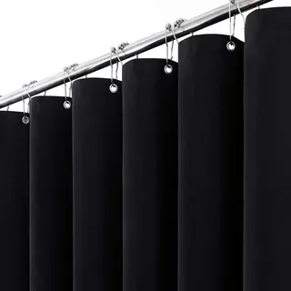 BTTN Duschvorhang Stoff 100x200 cm, Schmale Leinen-Textur, Anti-Schimmel, wasserdichter Textil-Duschvorhang mit 6 Plastikhaken, waschbare, gewichtete Polyester-Duschvorhänge für Badezimmer, Schwarz