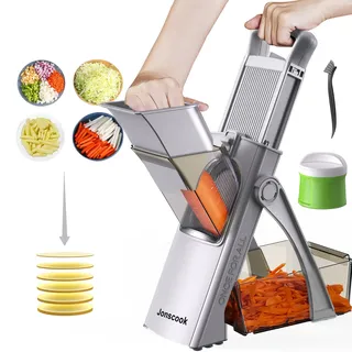 Jonscook All-in-1 Verbesserter sicherer Mandolinenschneider für die Küche, mit Hand-Spiralschneider, Lebensmittelzerkleinerer mit Behälter, Dicke verstellbar, Gemüseschneider, Kartoffelfrittierer